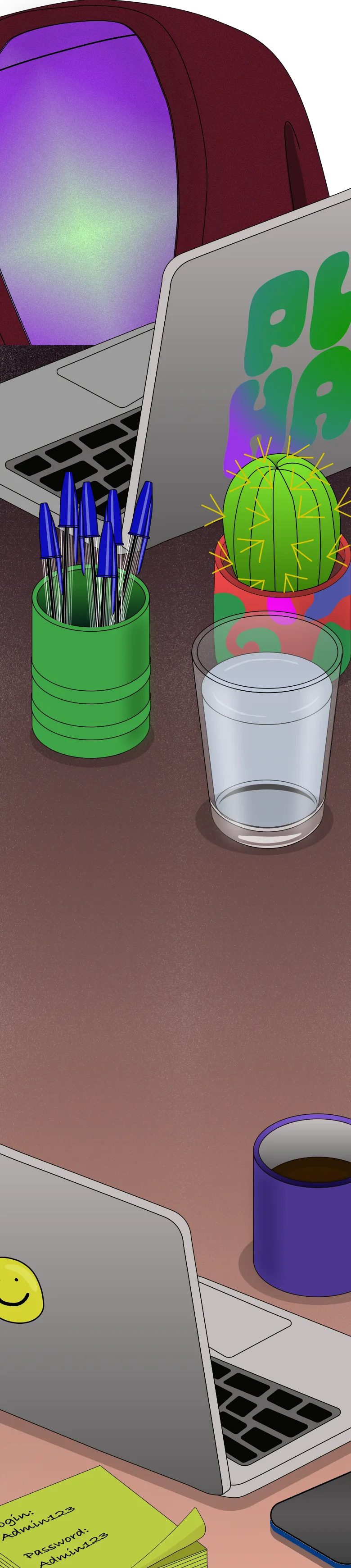 A desk scene with two laptops, a cactus in a pen cup, a glass of water, a coffee mug, sticky notes and a rubber duck