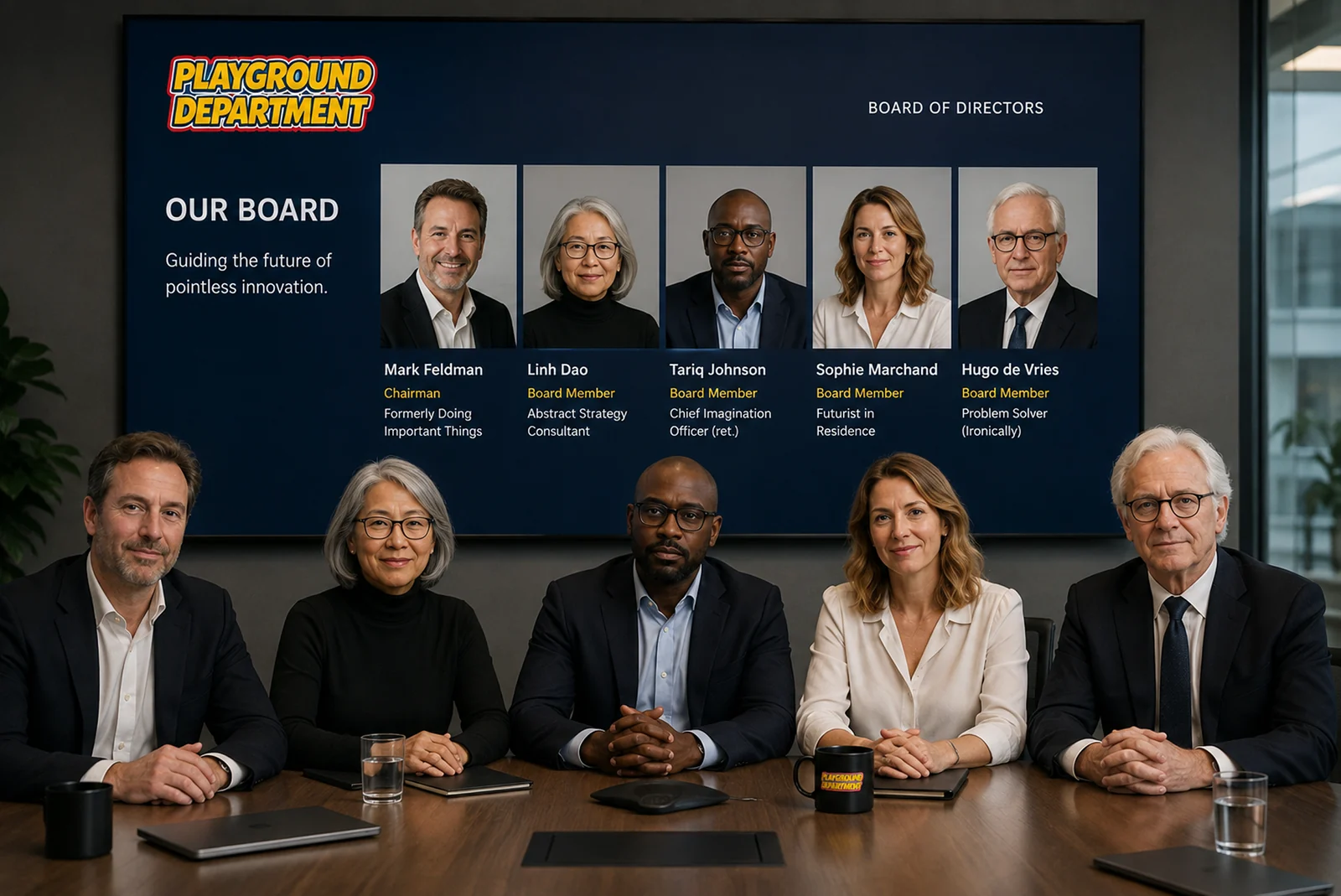Five board members seated at a table beneath a slide reading ‘Our Board: guiding the future of pointless innovation’