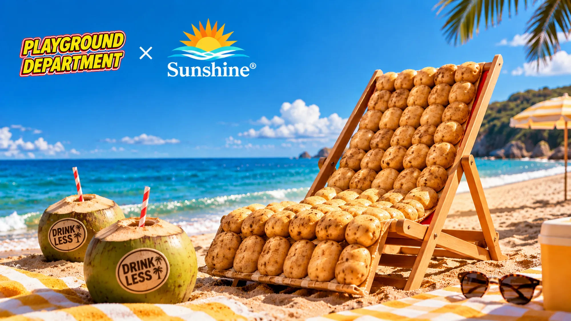 Playground Department × Sunshine®: a beach chair made of potatoes next to coconuts labelled “Drink less”