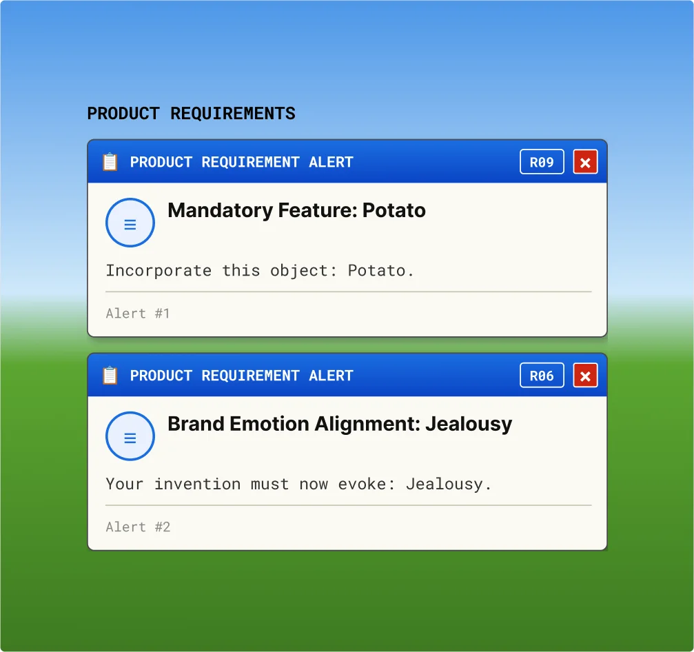 Two product requirement alerts: a mandatory potato feature, and a brand emotion alignment of jealousy
